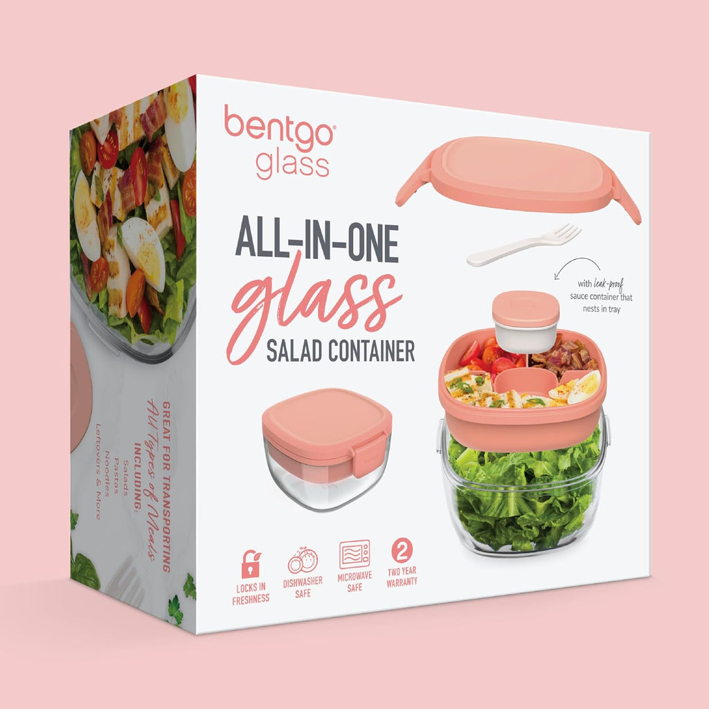 Bentgo Glass All-in-One Salad Container - Large 61-oz Salad Bowl with Lid  4-Compartment Bento-Style Tray  3-oz Sauce Container  and Reusable Fork - Dishwasher  Microwave  and Oven Safe (Coral)