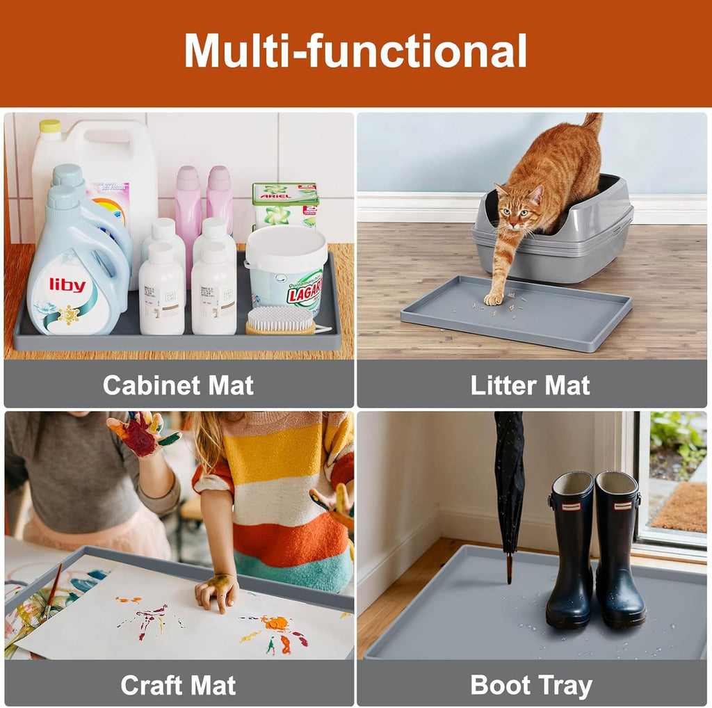 19” x 12” Extra Thick Waterproof Silicone Mat with Raised Edge  BPA Free Non-Slip Dog & Cat Food Mat  Feeding Mat for Food and Water Bowls  Spill Proof Mat to Protect Floors  Gray