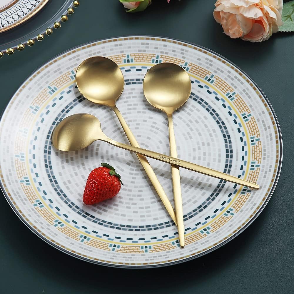 Matt Gold 6 Piece Dinner Spoons - 8.1'' Stainless Steel Tablespoons  Soup & Dessert Spoons  Silverware for Home  Kitchen or Restaurant  Dishwasher Safe