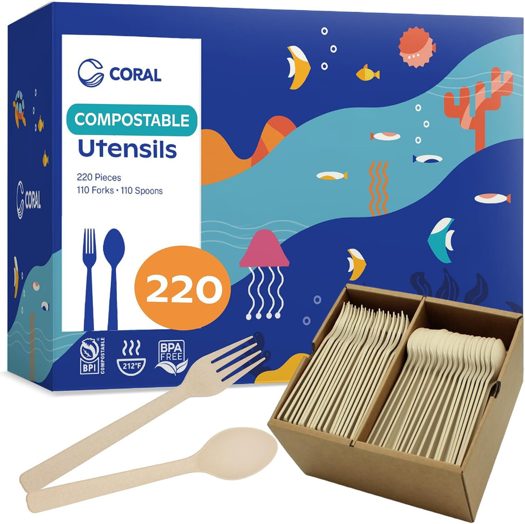 CORAL Light Brown 100% Compostable Spoons & Forks Set - 220 Pieces - No Plastic Utensil 110 Forks  110 Soup Spoons - Break Resistant with Smooth Edges  Ocean Friendly Alternative to Plastic Silverware