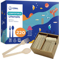 CORAL Light Brown 100% Compostable Spoons & Forks Set - 220 Pieces - No Plastic Utensil 110 Forks  110 Soup Spoons - Break Resistant with Smooth Edges  Ocean Friendly Alternative to Plastic Silverware
