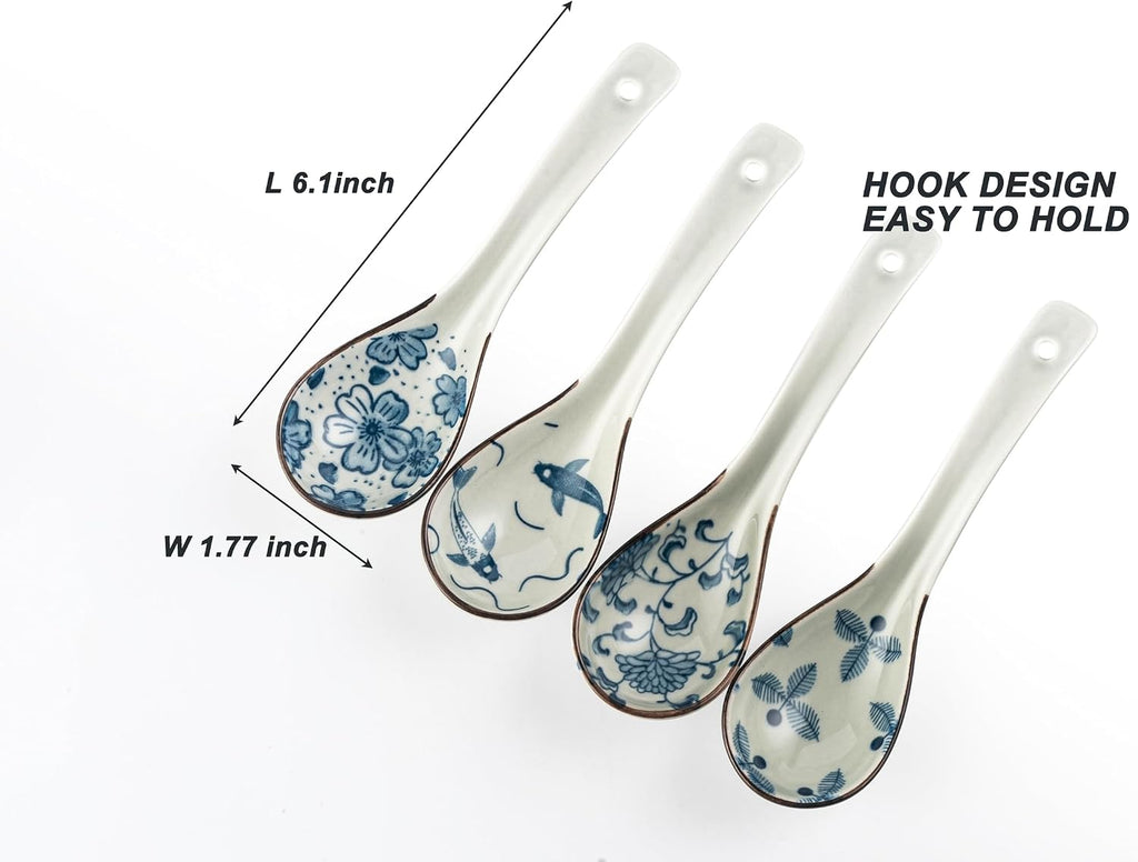 4Pcs Asian Soup Spoon Chinese Ceramic Soup Spoons Non-Slip Japanese Soup Spoon Ramen Spoons with Hook for Rice Pho Miso Soup Wonton Noodle (4  Retro Blue & White)