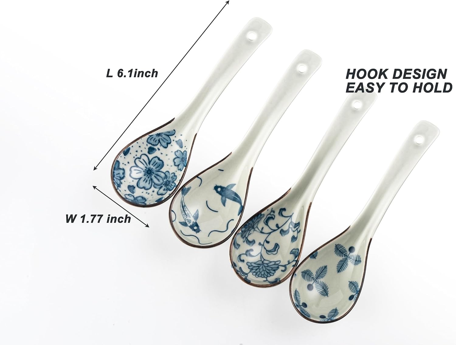 4Pcs Asian Soup Spoon Chinese Ceramic Soup Spoons Non-Slip Japanese Soup Spoon Ramen Spoons with Hook for Rice Pho Miso Soup Wonton Noodle (4  Retro Blue & White)