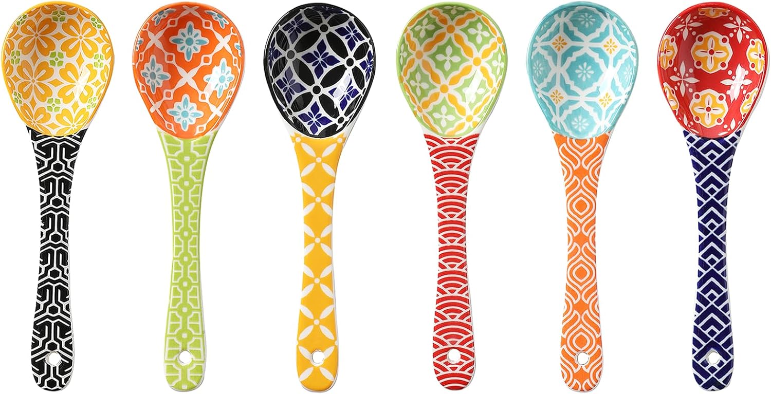 Ceramic Small Serving Spoons  Colorful Soup Spoon Set for Cereal  Yogurt  Dips  Ice Cream  Ramen  Dishwasher & Microwave Safe  Cute Decorative Spoon Set of 6