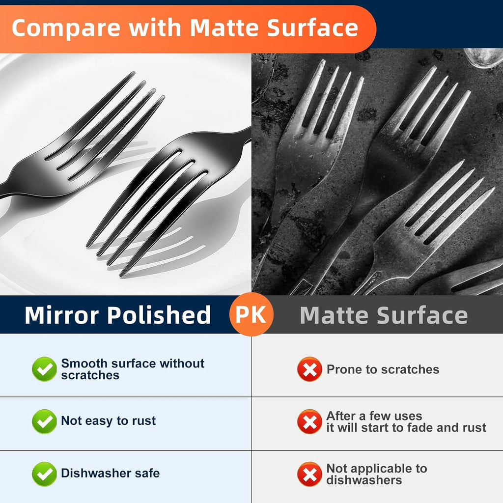 12 Piece Dinner Forks  8 Inch  Top Food Grade Extra-Fine Stainless Steel Silverware Forks，Silverware Set  Dishwasher Safe （Black)
