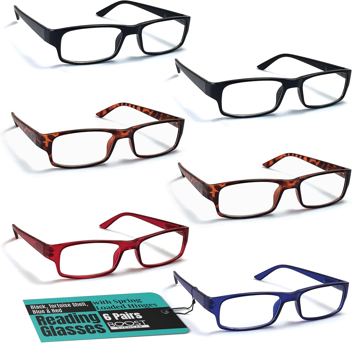 6 Pack Reading Glasses by BOOST EYEWEAR  Traditional Frames in Assorted Colors  for Men and Women  with Spring Loaded Hinges