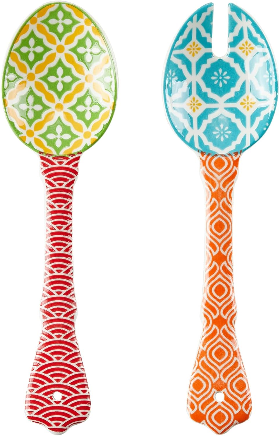 Ceramic Salad Servers  9" Salad Spoon and Fork Set  Salad Tongs for Mixing  Tossing  Cooking and Stirring  Dishwasher & Microwave Safe  Set of 2  Orange & Red