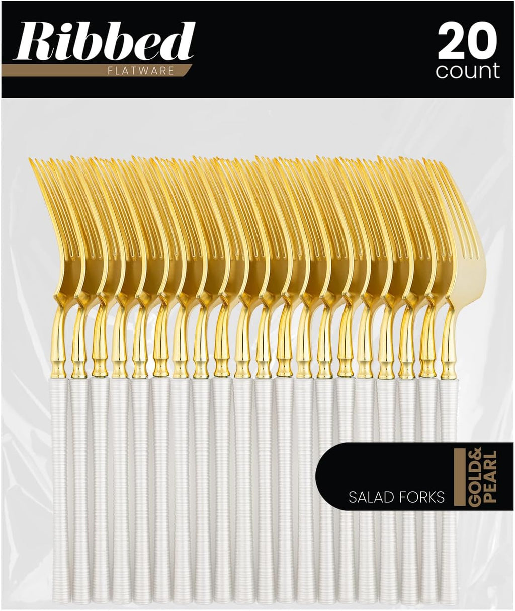 PLASTICPRO 40 Count Plastic Salad Forks Fancy Gold and White Ribbed Cutlery Plastic Silverware Heavy Duty Premium Flatware for Party  Wedding