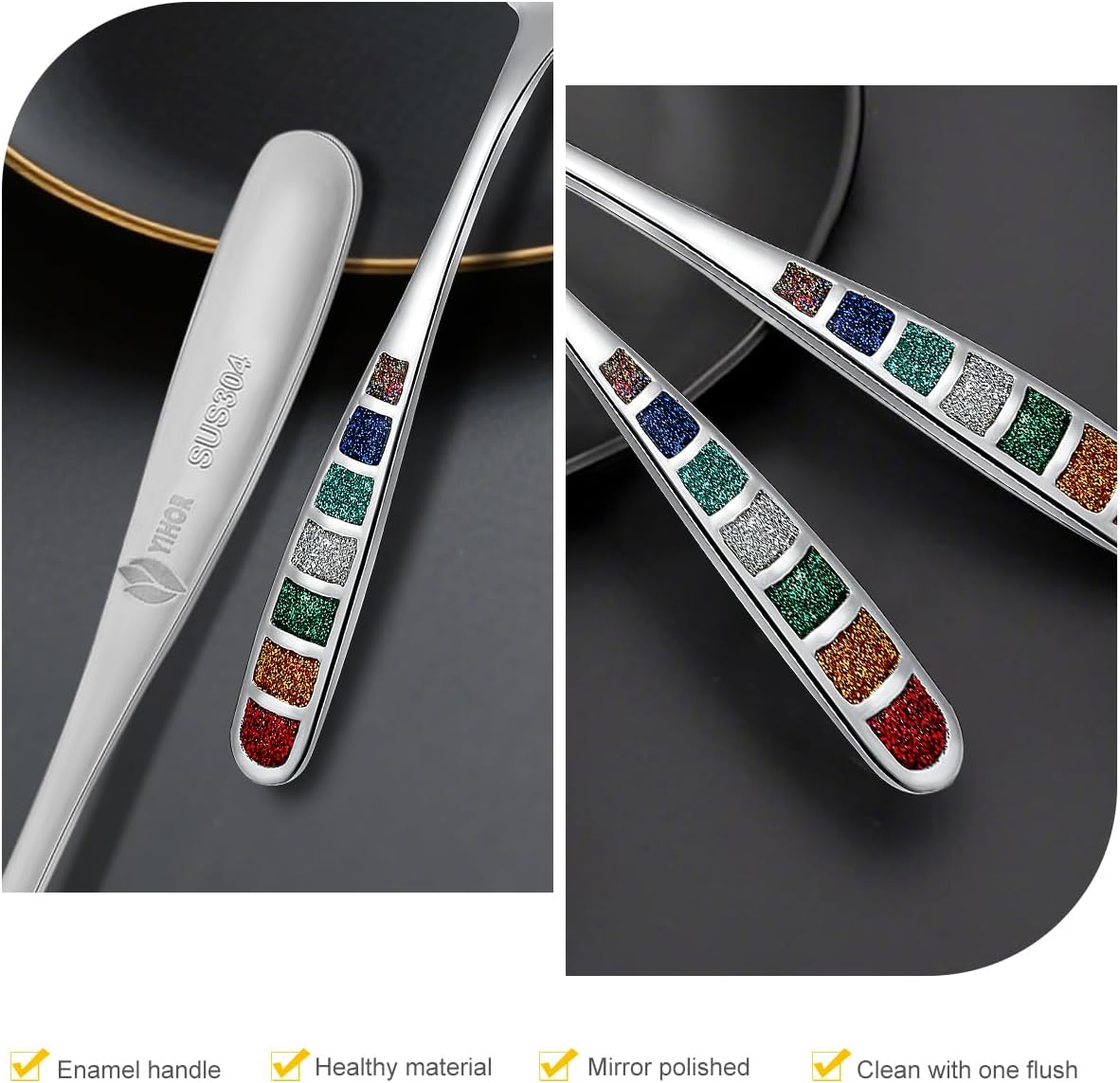 Premium 7.24" European Soup Spoons  Stainless Steel creative colorful enamel spoon drinking spoon  Dishwasher Safe Disinfection cabinet Set of 6