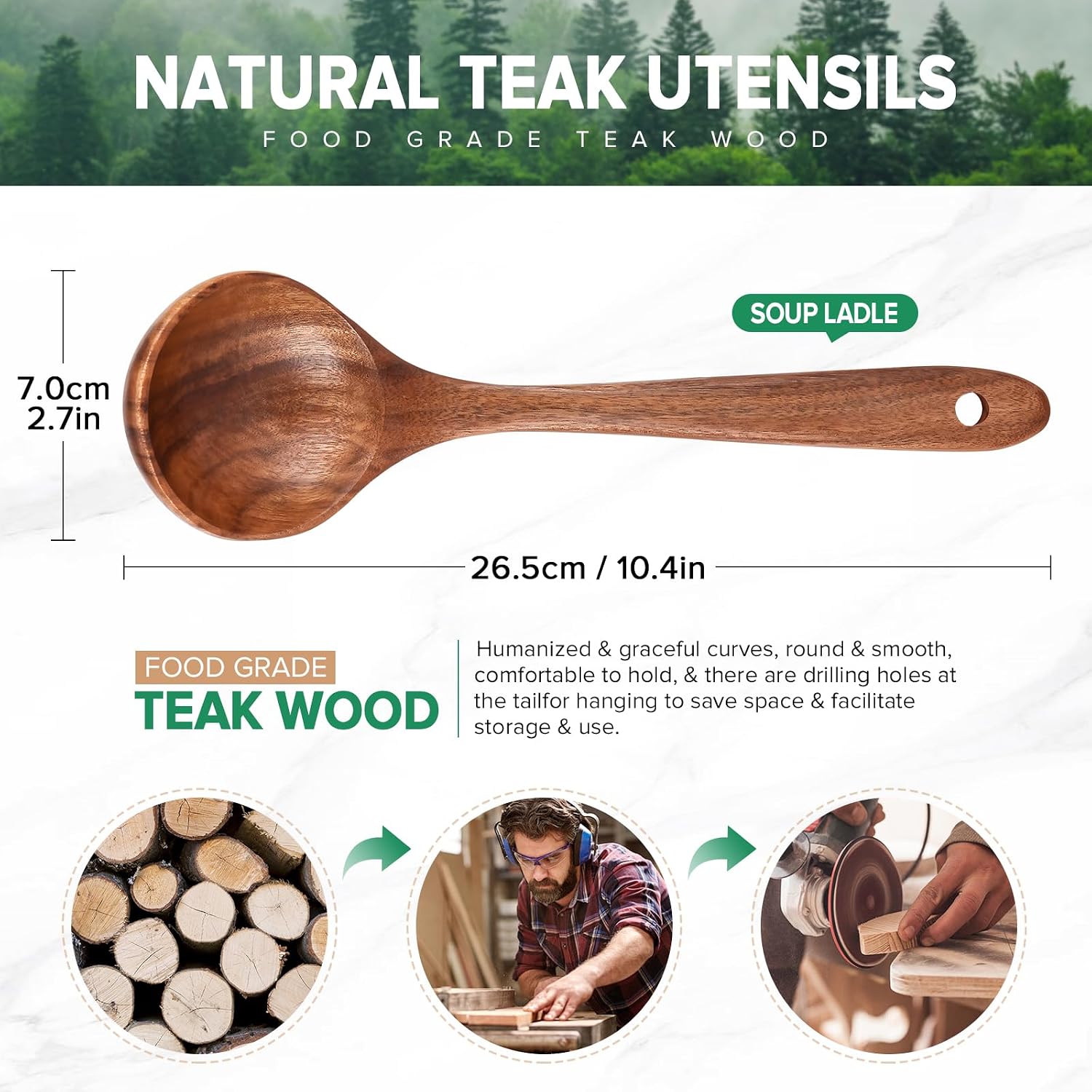 Wooden Soup Spoon for Cooking  Teak Acacia Soup Ladle  Non-Toxic Natural Wood Serving Spoon for Gravy Sauce Porridge  Long Handle Deep Scooper Server Utensil  No-Scratch Cookware Surface 10.6″