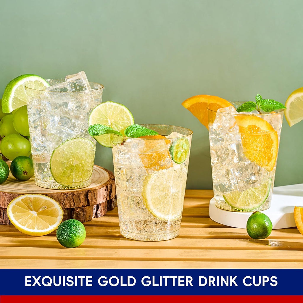 JOLLY CHEF 100 Pack 10 oz Gold Glitter Plastic Party Cups  Disposable Plastic Tumblers  Gold Drinking Glasses with Glitter Suitable for Wedding  Thanksgiving Day  Christmas Halloween