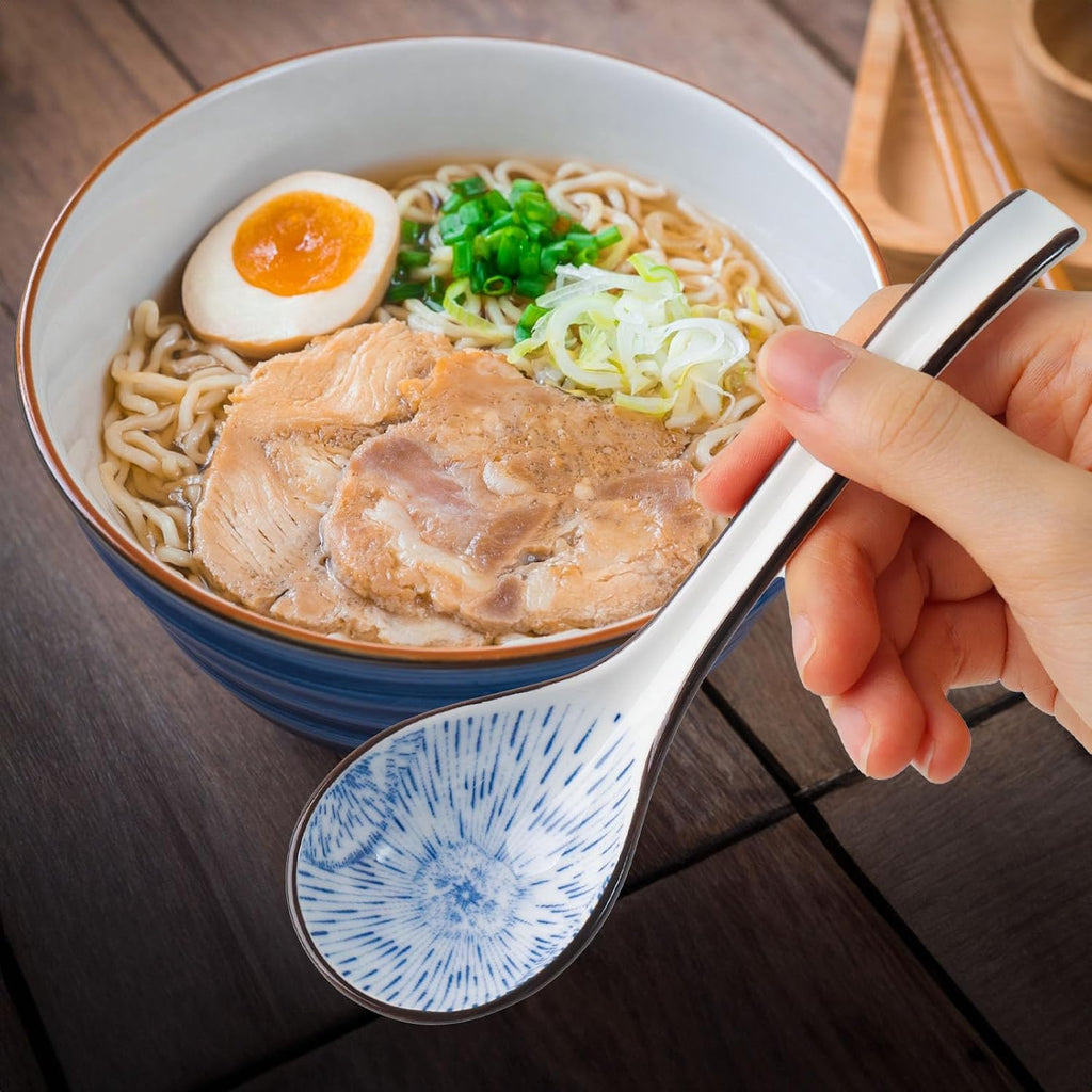 HANSGO Asian Soup Spoon  6 PCS Ceramic Soup Spoons for Ramen  Pho  Wonton  Miso  Dumplings  Rice  Noodle  Elegant Gifts for Friends Parents Family  with Long Handle  Easy to Hold  Non-slip Bottom