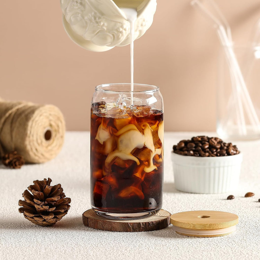[ 12pcs Set ] Glass Cups with Bamboo Lids and Glass Straw - Beer Shaped Drinking Glasses  16 oz Iced Coffee Glasses  Cute Tumbler Cup for Smoothie  Boba Tea  Whiskey  Water - 4 Cleaning Brushes