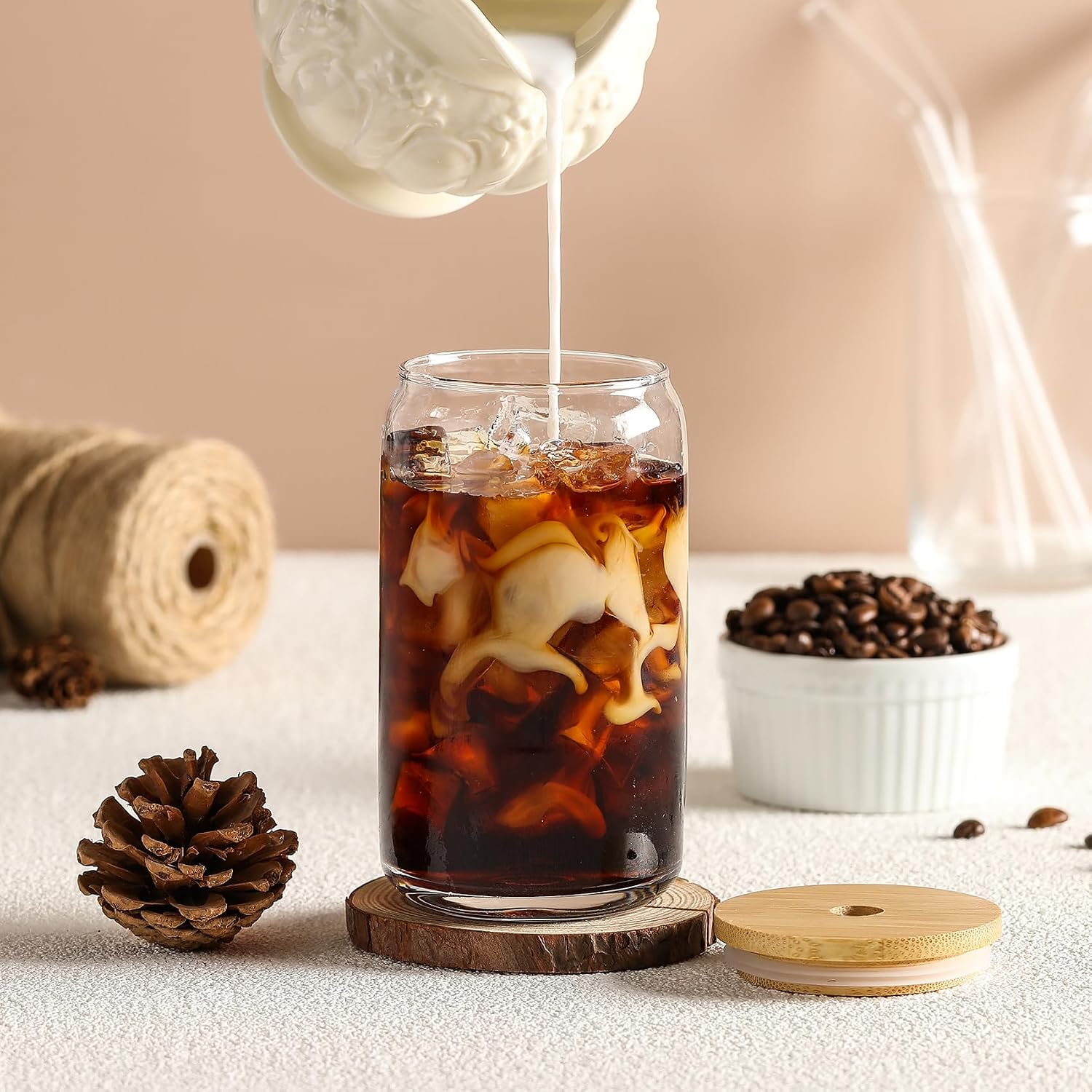 [ 12pcs Set ] Glass Cups with Bamboo Lids and Glass Straw - Beer Shaped Drinking Glasses  16 oz Iced Coffee Glasses  Cute Tumbler Cup for Smoothie  Boba Tea  Whiskey  Water - 4 Cleaning Brushes