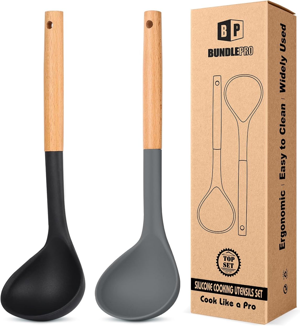 Pack of 2 Soup Ladle  Silicone Ladle Spoon with Wooden Handle  Large Non Stick High Heat Resistant Kitchen Utensils for Cooking  Stirring  Serving Soups(BLACK-GRAY)