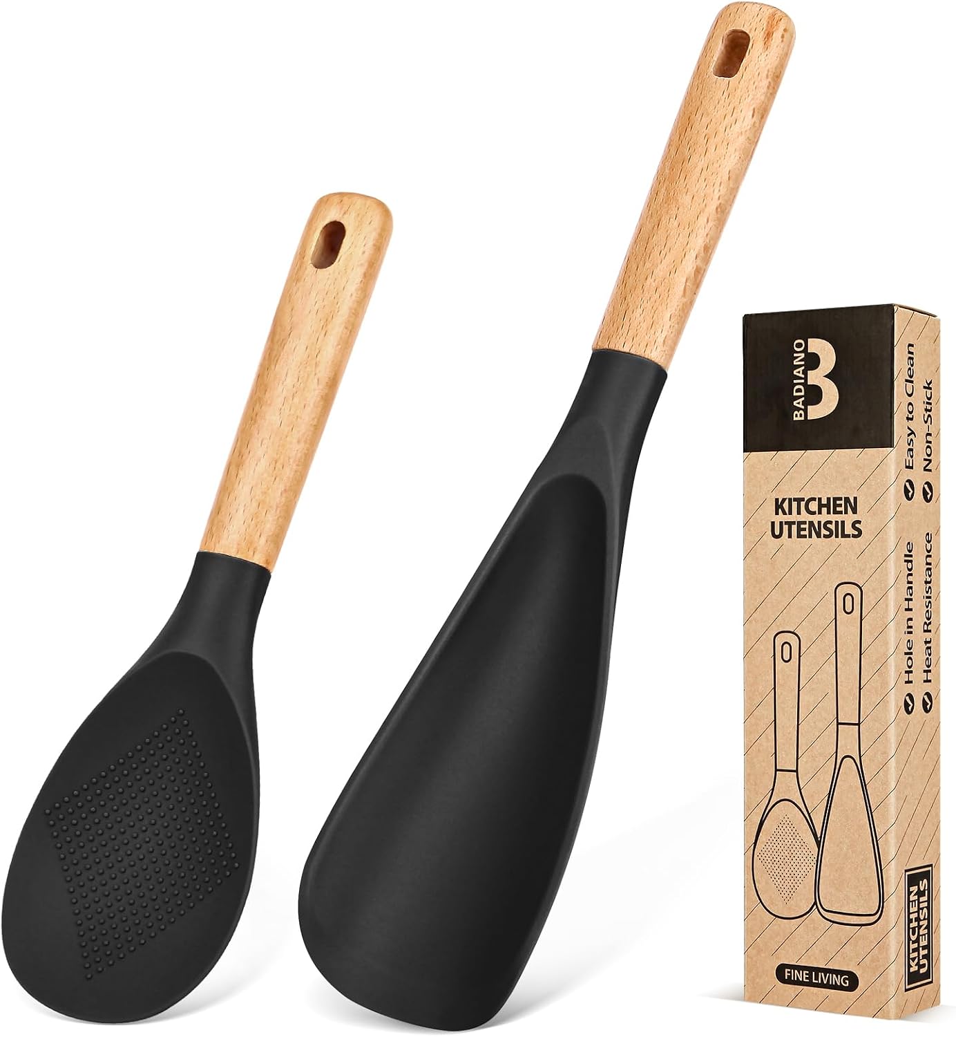 Cooking Spoon and Rice Scooper for Nonstick Cookwares  Great for Cooking and Serving Sturdy BPA-Free Matte Silicone  Wood Handle Spoon for Mixing  Scoop  and Scrape (Black)