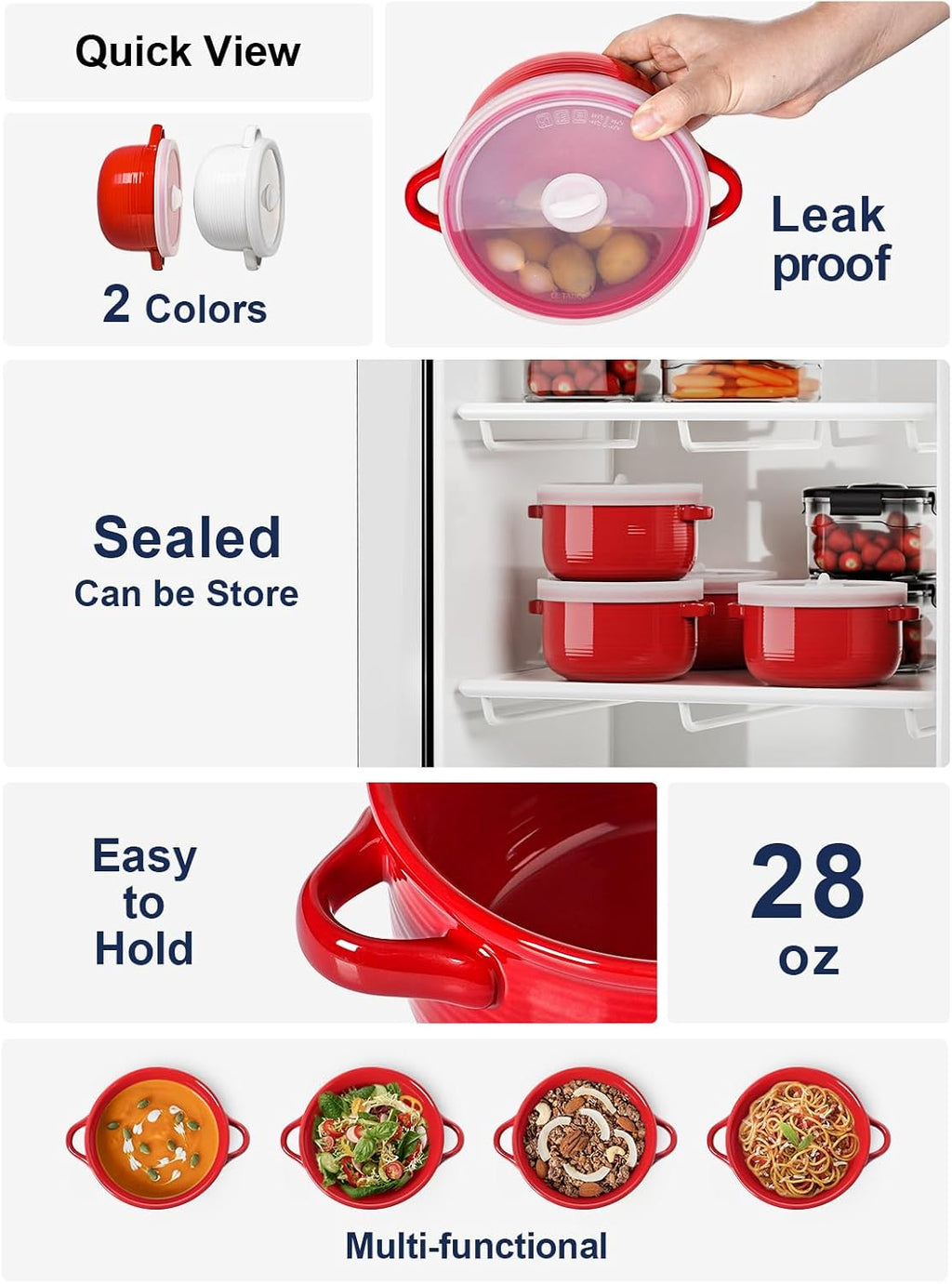 LE TAUCI Soup Bowls with Handles and Silicone Lids  28 oz Ceramic Ramen Bowl Microwavable  Oven Safe French Onion Soup Bowls for Noodles and Cereal  Lead & Cadmium Free Soup Crocks  Set of 2  Red