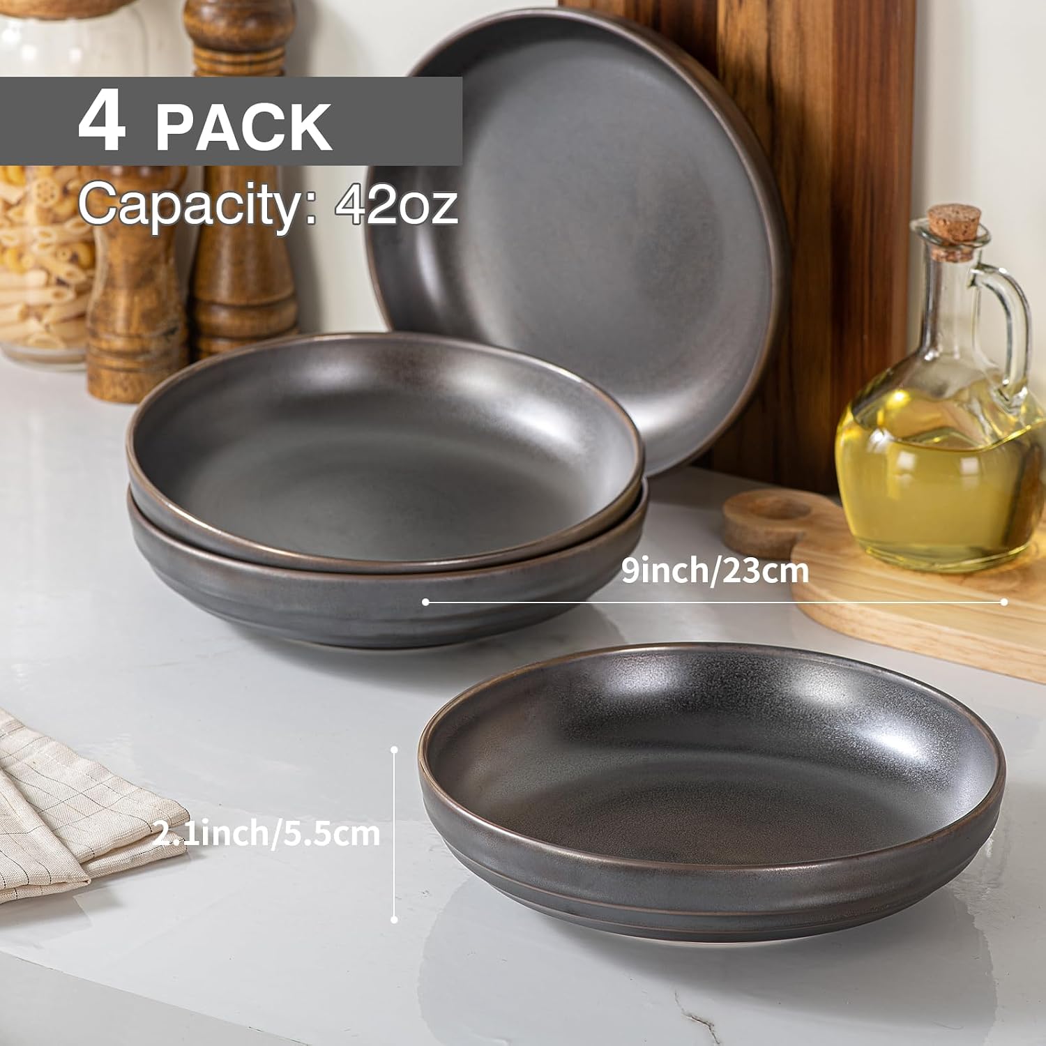 HAPPY KIT Stoneware Pasta Bowls 9''  Set of 4  42 Oz  Reactive Glaze Large Salad Bowls  Ceramic Serving Bowls for Fruit Soup Noodle  Dinner  Scratch Resistant  Bronze Gray