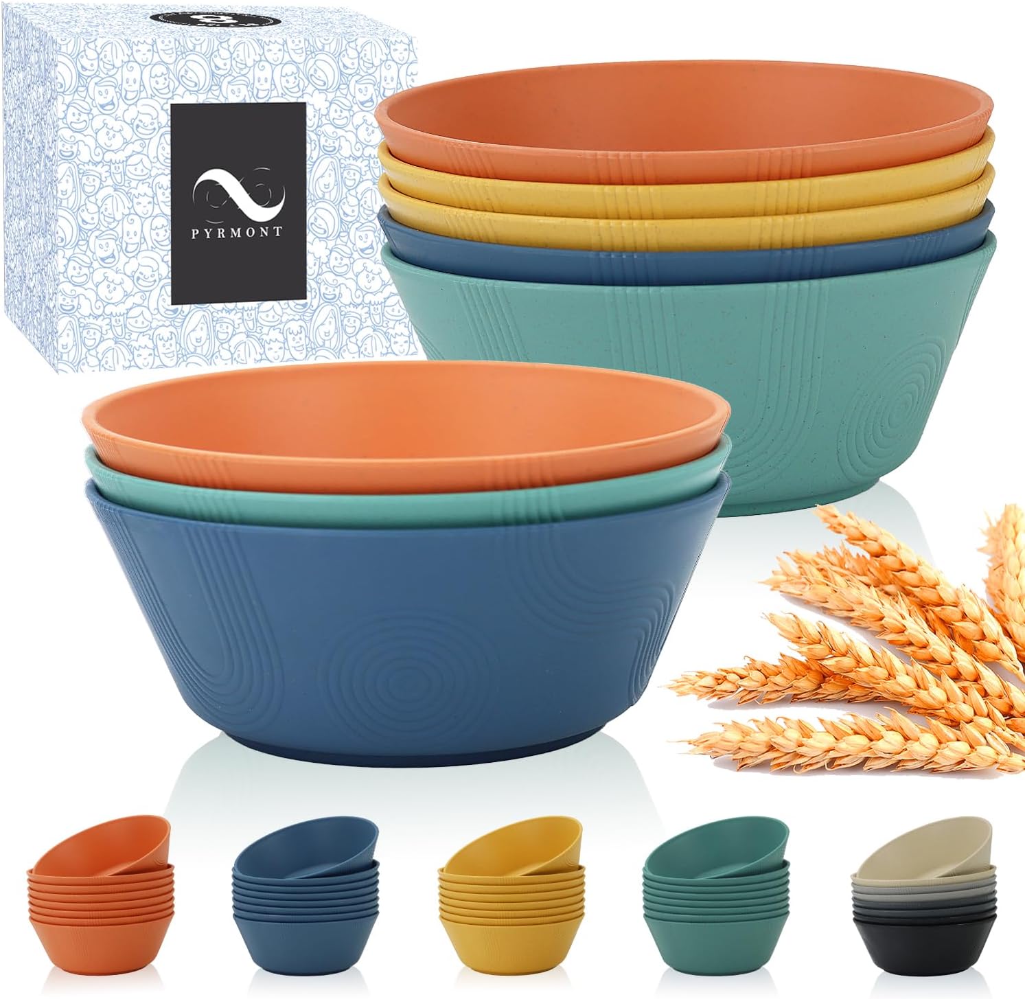 PYRMONT 36 OZ Wheat Straw Bowls Set of 8 Large Cereal Bowls Reusable Soup Bowls Microwave & Dishwasher Safe Unbreakable Bowls Kitchen for Cereal Salad  Rice Noodles - Multi
