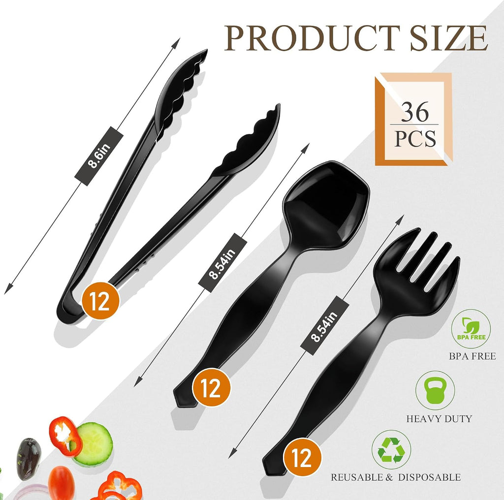 Mwellewm 36Pcs Plastic Serving Utensils Set 9'' Large Disposable Serving Spoons Forks Tongs for Serving Food Heavy Duty Black Large Party Utensils Supplies for Buffet Restaurant Dinner Salad Soup
