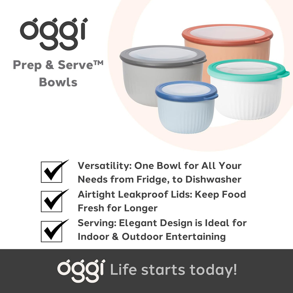 Oggi Prep  Store & Serve Plastic Bowl w/See-Thru Lid- Dishwasher  Microwave & Freezer Safe  (4 qt) Lt Gray w/Dk Gray Lid