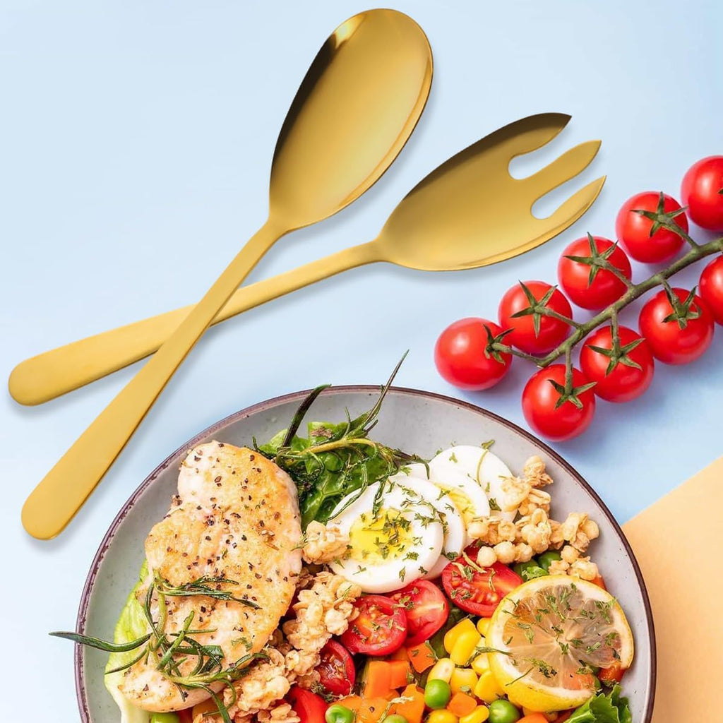 Salad Spoon and Fork Stainless Steel Tong Serving Set  Heavy Duty Smooth Finish Metal Serving Utensils Large Salad Servers for Home Kitchen Party Buffet Supply (Gold)