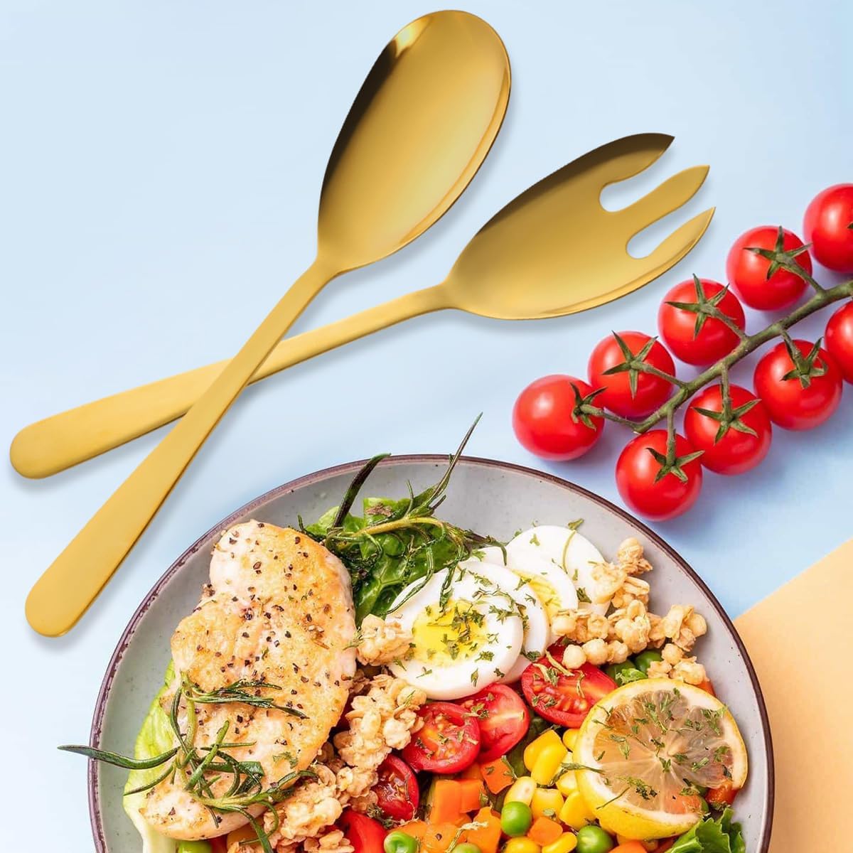 Salad Spoon and Fork Stainless Steel Tong Serving Set  Heavy Duty Smooth Finish Metal Serving Utensils Large Salad Servers for Home Kitchen Party Buffet Supply (Gold)