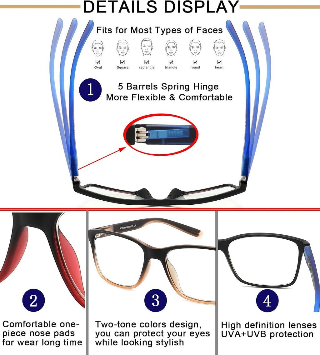 Reading Glasses for Men 4-Pack Stylish Computer Readers with Spring Hinges  Anti Glare/Eye Strain Filter UV Ray Blue Light Blocking Two-tone Reader Eyeglasses +2.5 Magnification Strength