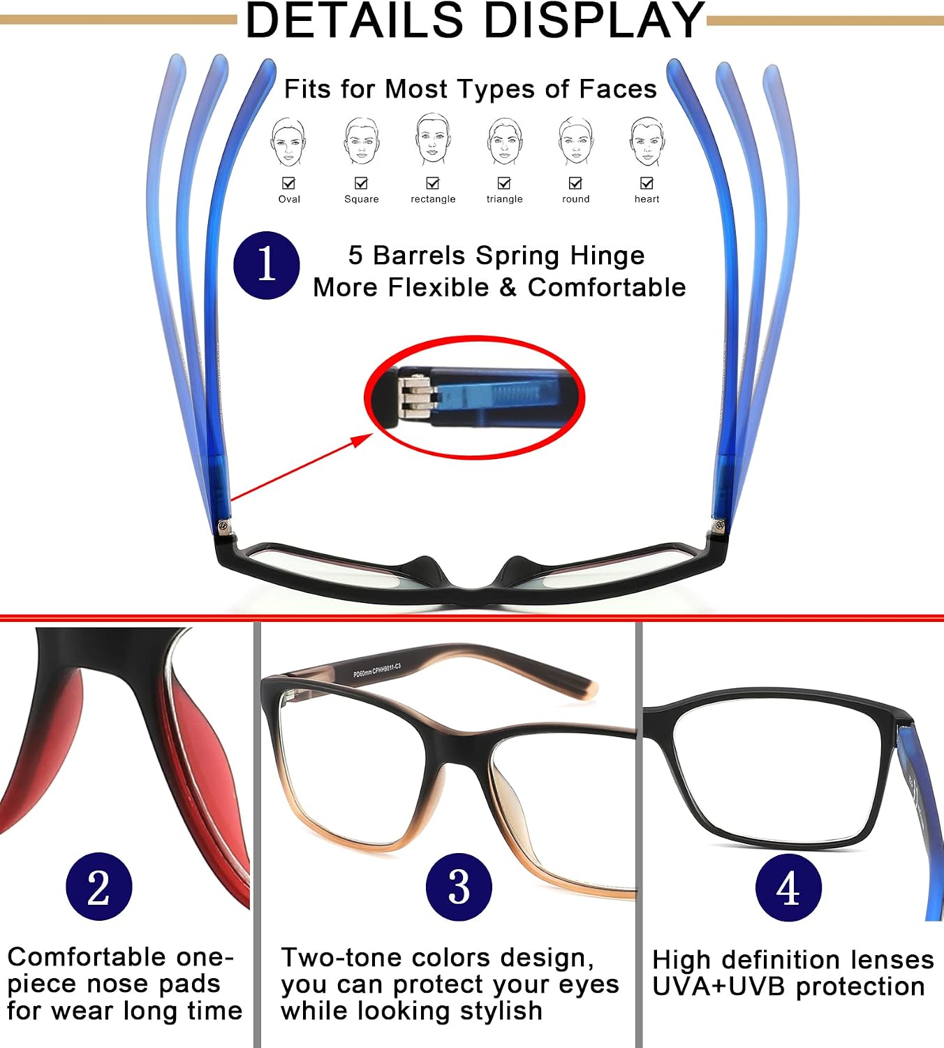 Reading Glasses for Men 4-Pack Stylish Computer Readers with Spring Hinges  Anti Glare/Eye Strain Filter UV Ray Blue Light Blocking Two-tone Reader Eyeglasses +2.5 Magnification Strength