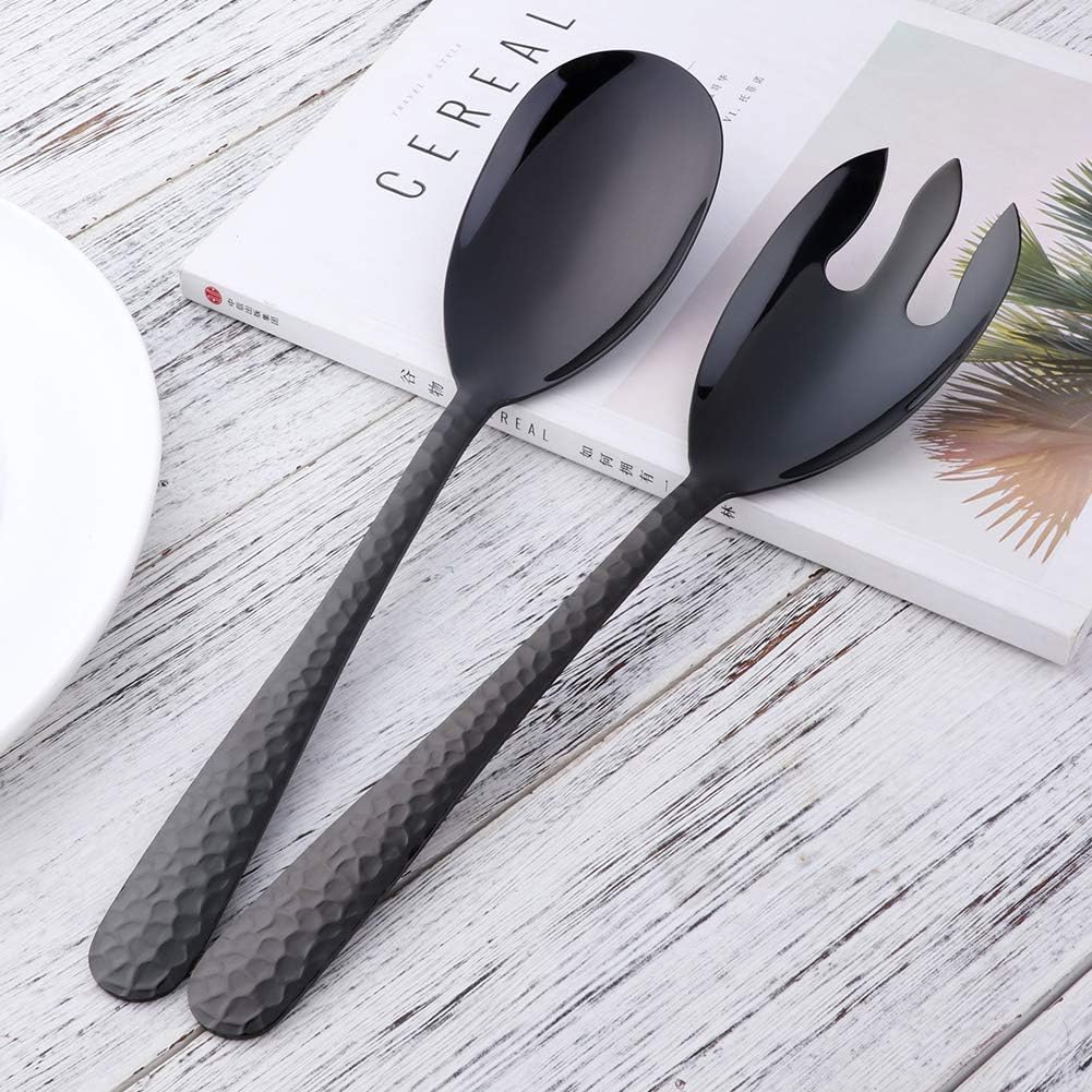 Salad Spoon and Fork Set  12 Inch Stainless Steel Salad Server  Black Serving Utensils  Dishwasher Safe  Pack of 2