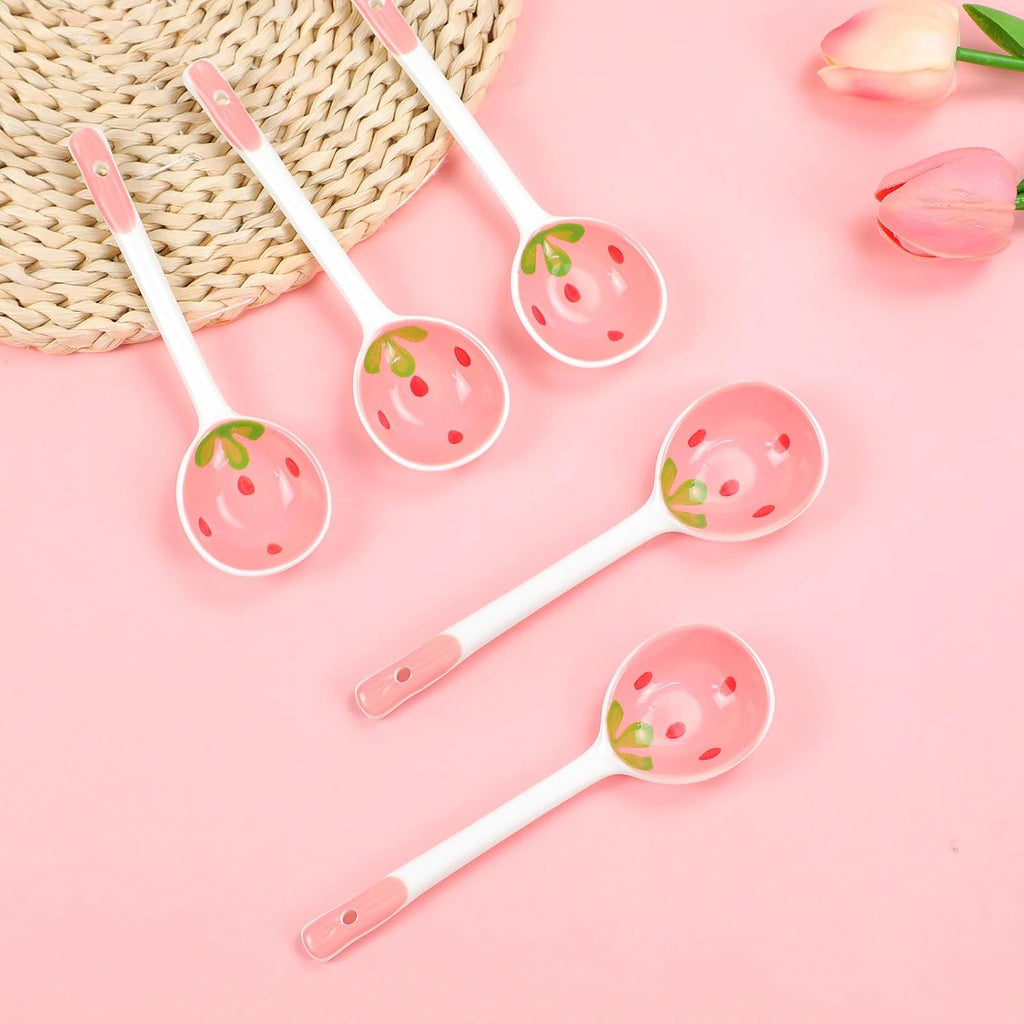 5 Pcs Ceramic Soup Spoons Cute Strawberry Spoons Long Handle Porcelain Tablespoons Reusable Dinnerware for Ice-cream Desserts Cereal Soup Yogurt (5)