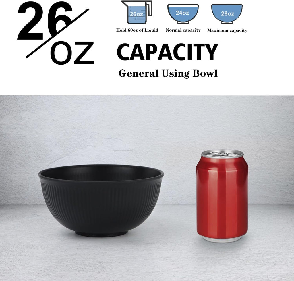 Wrova Wheat Straw Bowl Sets of 8 Unbreakable Cereal Bowl 26 OZ Microwave and Dishwasher Safe Bowls Salad Bowl suitable for Cereal Salad Snack and Soup. Winter-Pure Black