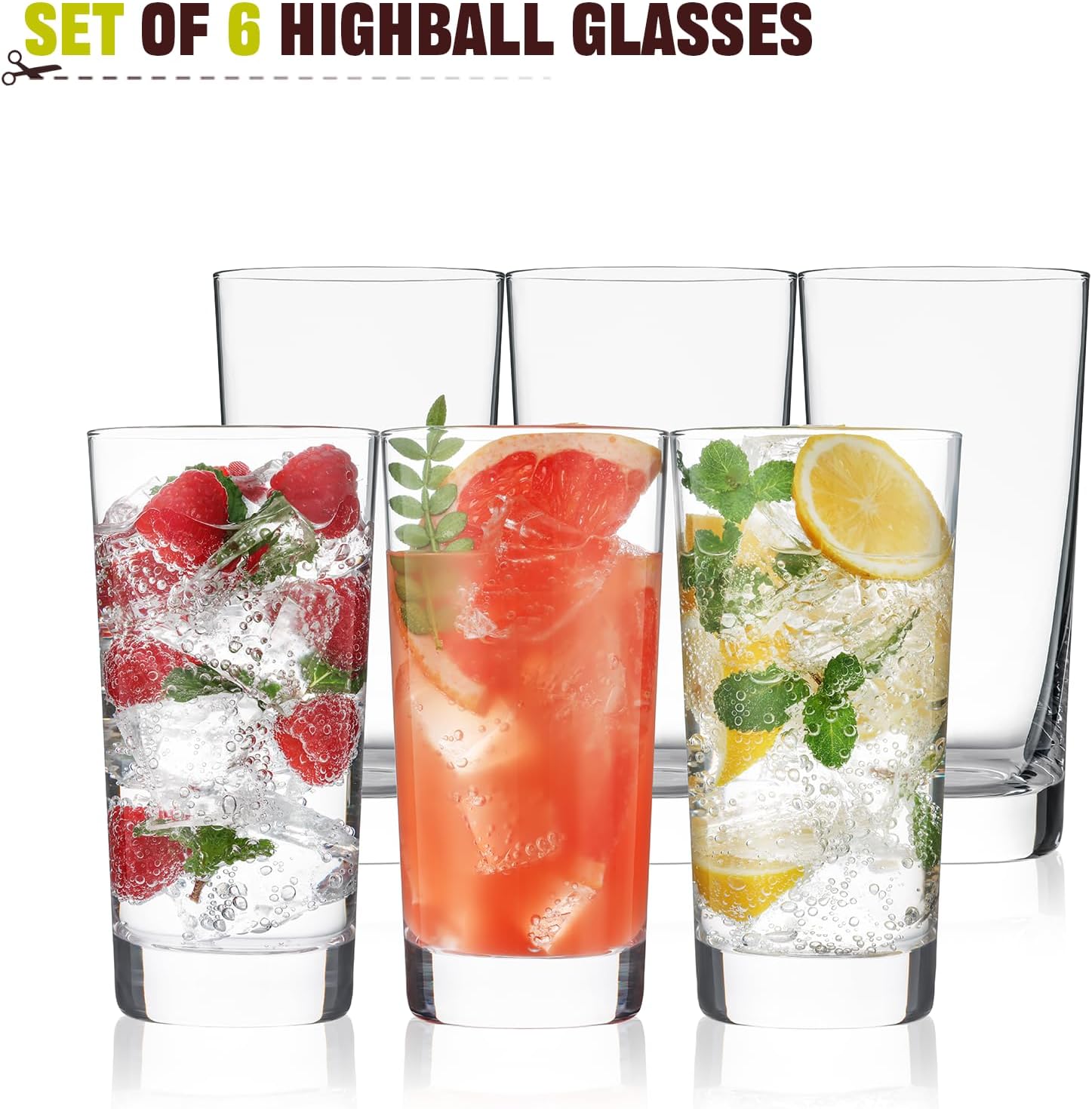 Highball Glasses Set of 6  13oz Tall Drinking Glasses  Water Glass for Kitchen  Tom Collins Glasses  Mojito Glass Cups  Cocktail Glasses for Bar Glassware
