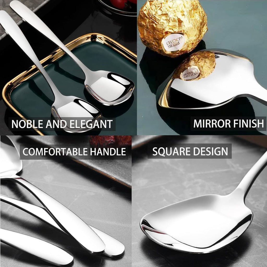Square Head Soup Spoons  Korean Style Thick Heavy Square Dessert Spoon Long Handled Stainless Steel Soup Spoons Table Spoons Flat Square Spoon Set of 4 7 Inches.