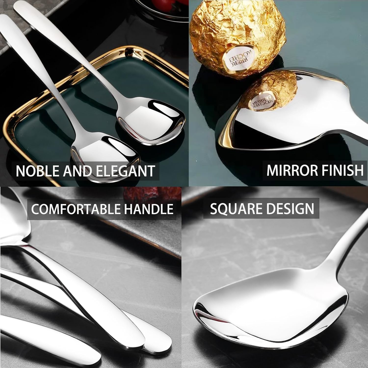 Square Head Soup Spoons  Korean Style Thick Heavy Square Dessert Spoon Long Handled Stainless Steel Soup Spoons Table Spoons Flat Square Spoon Set of 4 7 Inches.