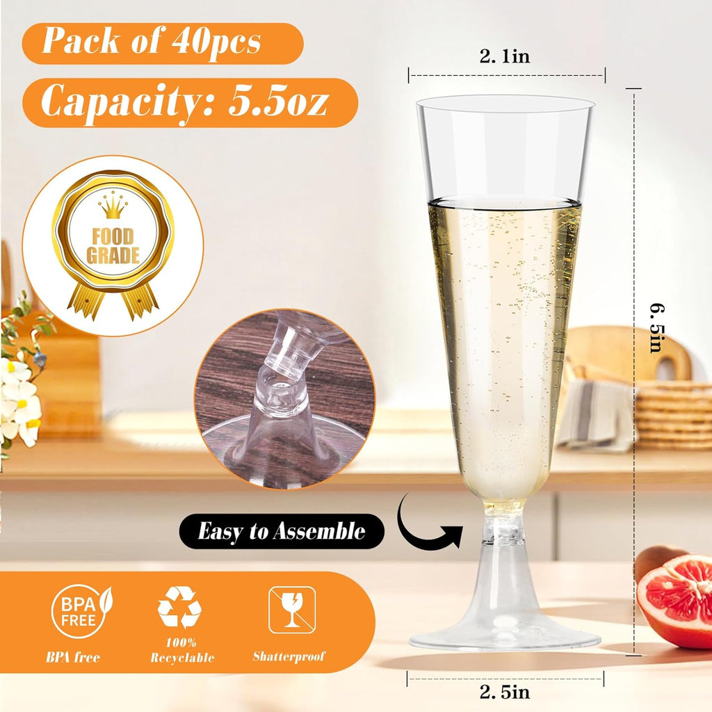 GuanQiao Plastic Champagne Flutes 40 Pack  5.5 Oz Clear Disposable Plastic Champagne Glasses  Wine Glasses Cups for Wedding Celebration Birthday Party Wine Tasting New Years Eve Party Supplies