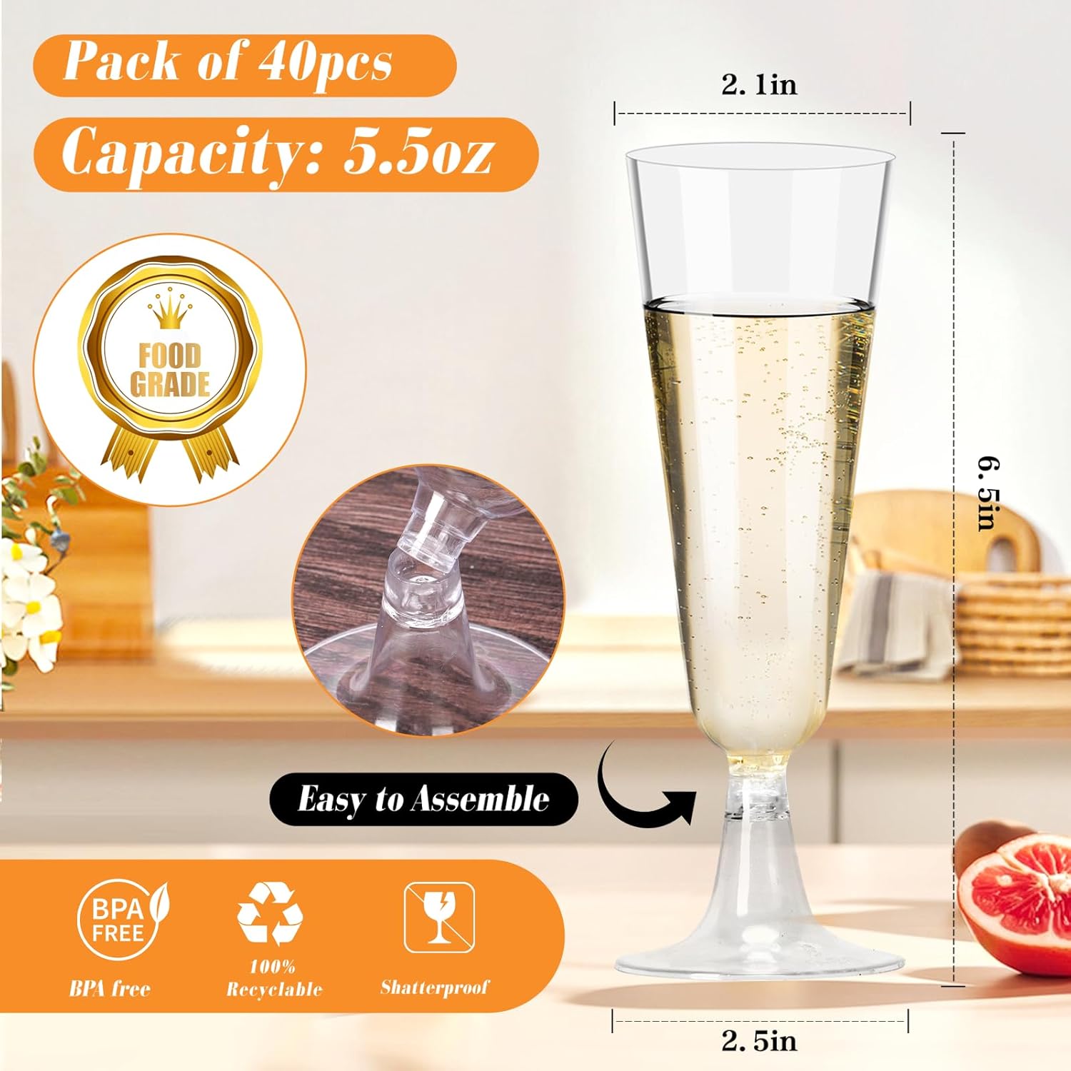GuanQiao Plastic Champagne Flutes 40 Pack  5.5 Oz Clear Disposable Plastic Champagne Glasses  Wine Glasses Cups for Wedding Celebration Birthday Party Wine Tasting New Years Eve Party Supplies