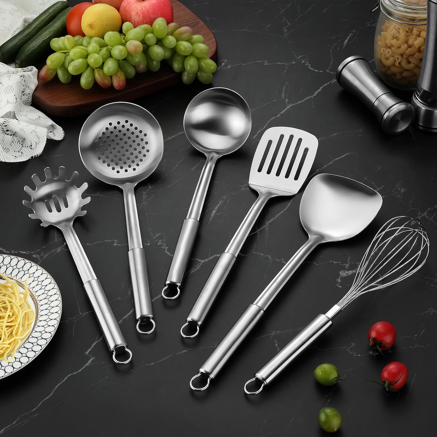 6-Piece Kitchen Cooking Utensils Set  Stainless Steel Kitchen Utensils with Suspendable Handle  Spatula  Slotted Turner  Soup Ladle  Slotted Spoon  Whisk  Pasta Server  Dishwasher Safe