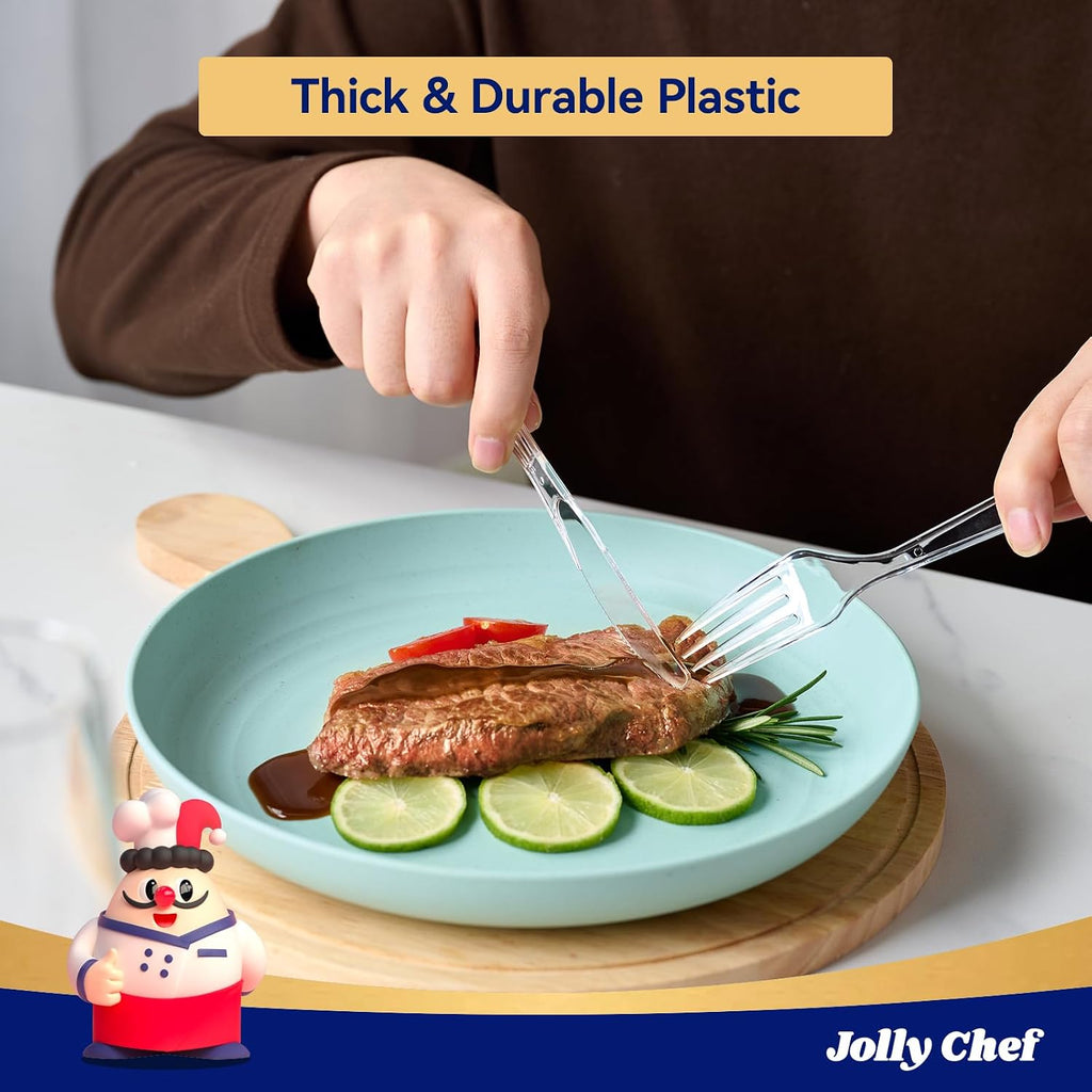 JOLLY CHEF 300 Count Clear Plastic Forks Heavy Duty  7.1" Heat Resistant Solid and Durable Plastic Forks Disposable  Disposable Bulk Cutlery Suitable for Parties Supply Events Everyday Use