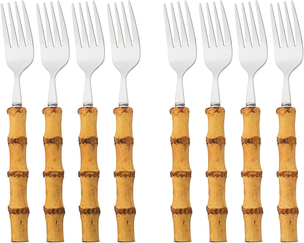 8pcs Natural Bamboo Salad Fork Set  Dessert Fork For Home Wedding Party Or Restaurant Daily Use  304 Stainless Steel  7.87-inch (Silver)