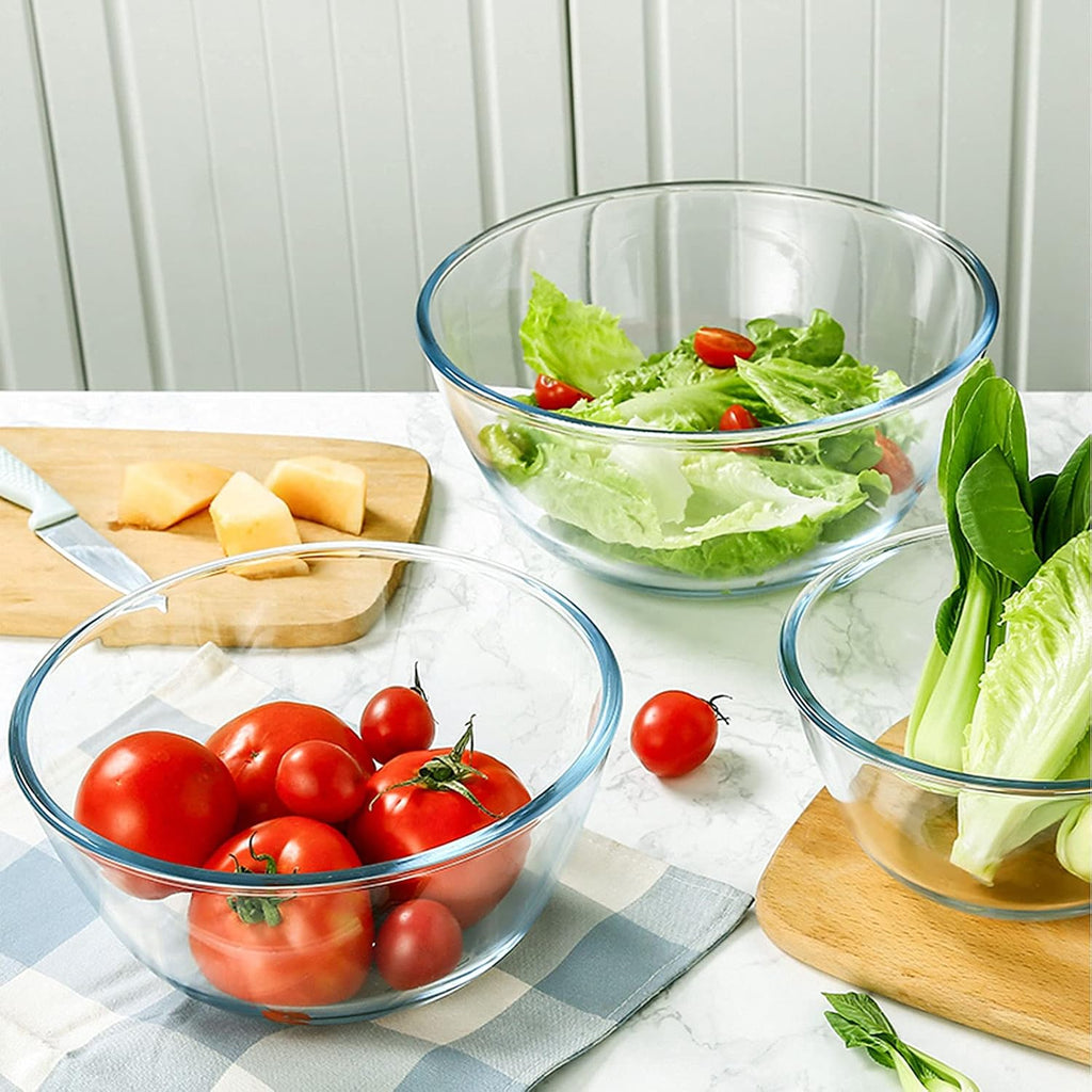 Glass Mixing Bowl Set for Baking 3-Piece Salad Bowl Set (1qt  2.5qt  4.2qt)  High Brosilicate Large Bowls for Kitchen Prepping Serving and Storage  Microwave Dishwasher Oven Safe