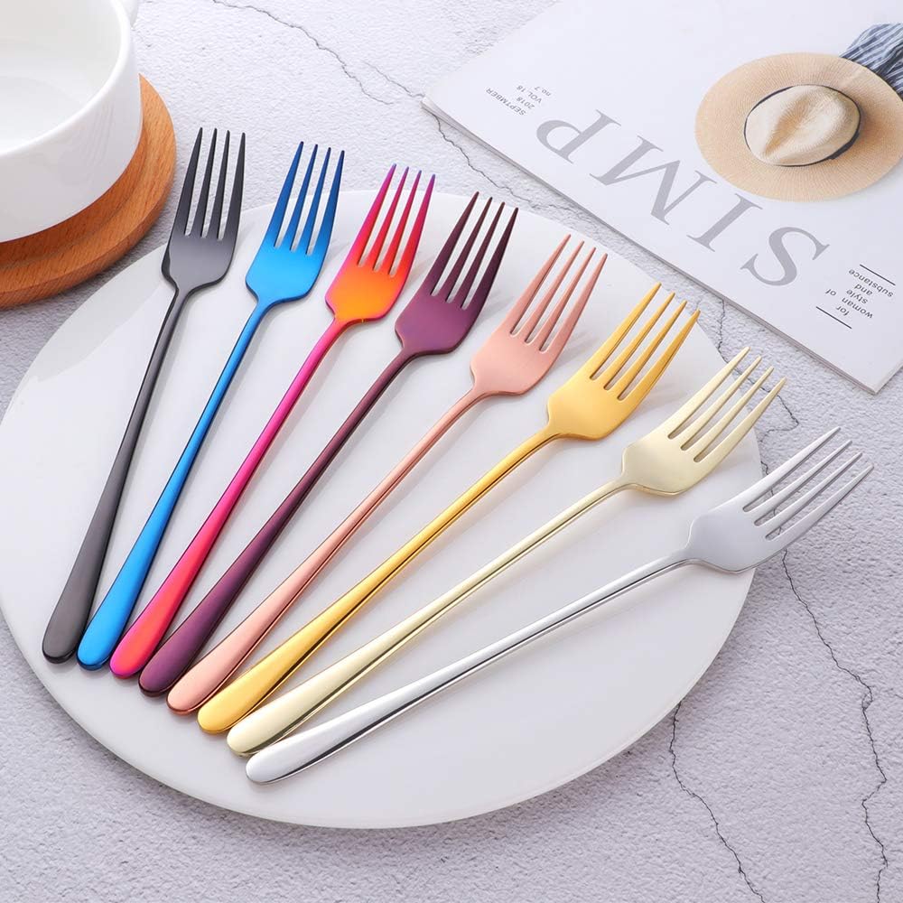 Stainless Steel Salad Fork Set of 8  Mirror Polished Dinner Fork Cutlery Set with Long Handles for Home  Restaurant or Camping  Fruit  Pasta (mix colors)