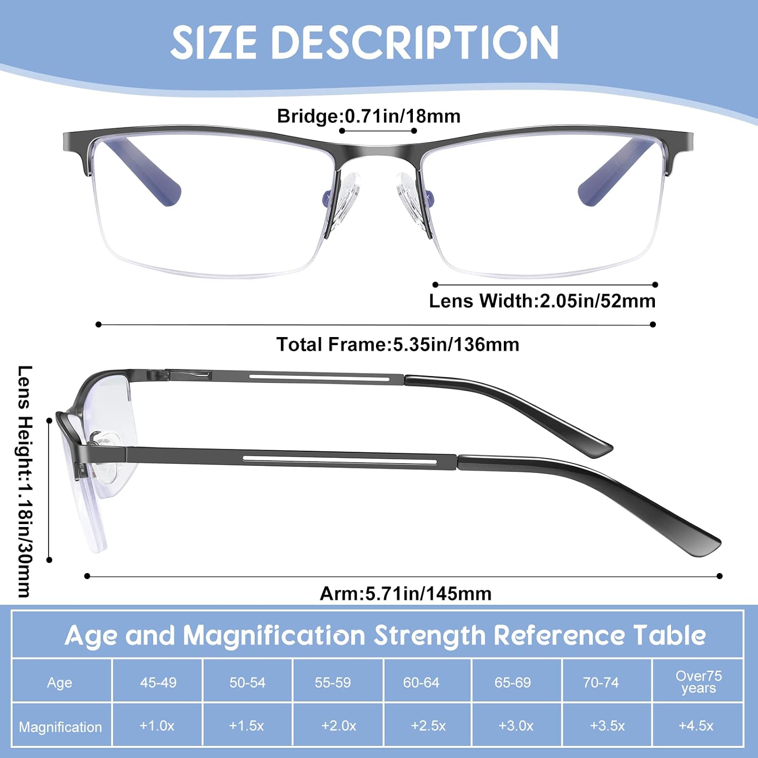 Blue Light Blocking Reading Glasses for Men  Half Frame Metal Readers Spring Hinge Eyeglasses Anti Eyestrain/Glare/UV