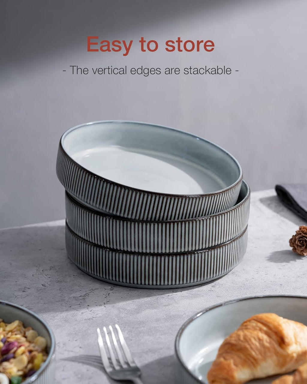 famiware Star 8.25" Pasta Bowls  Large Dinner Bowls Set of 4  Salad Bowl Plates  Shallow Bowls for Eating  Smoky Blue