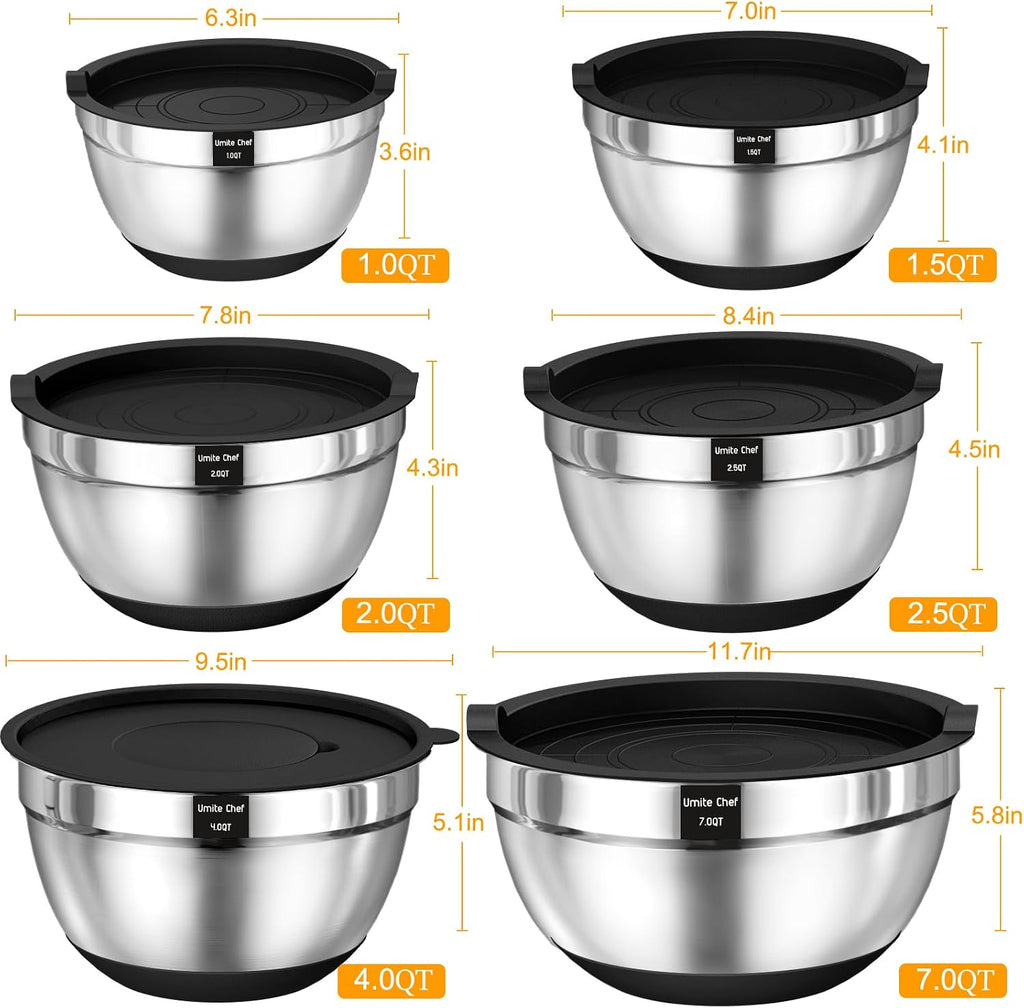 Umite Chef Mixing Bowls with Airtight Lids  26Pcs Stainless Steel Bowls Set  3 Grater Attachments & Black Non-Slip Bottoms Size 7  4  2.5  2.0 1.5  1QT  Great for Mixing & Serving