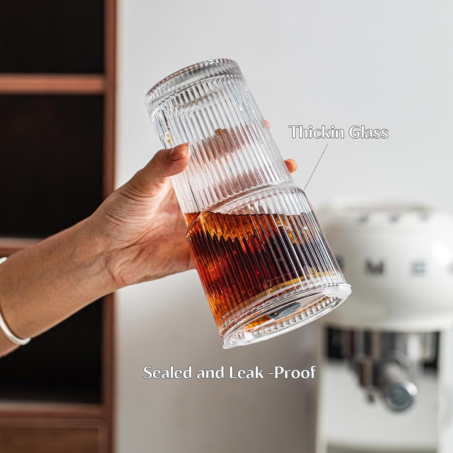 INSETLAN 20 oz Ribbed Glass Tumblers with Lids and Glass Straws – 4-Piece Glassware Set  Thickened Wall  Ideal for Iced Coffee  Smoothies  Cocktails  and Juices – Elegant and Durable Drinkware