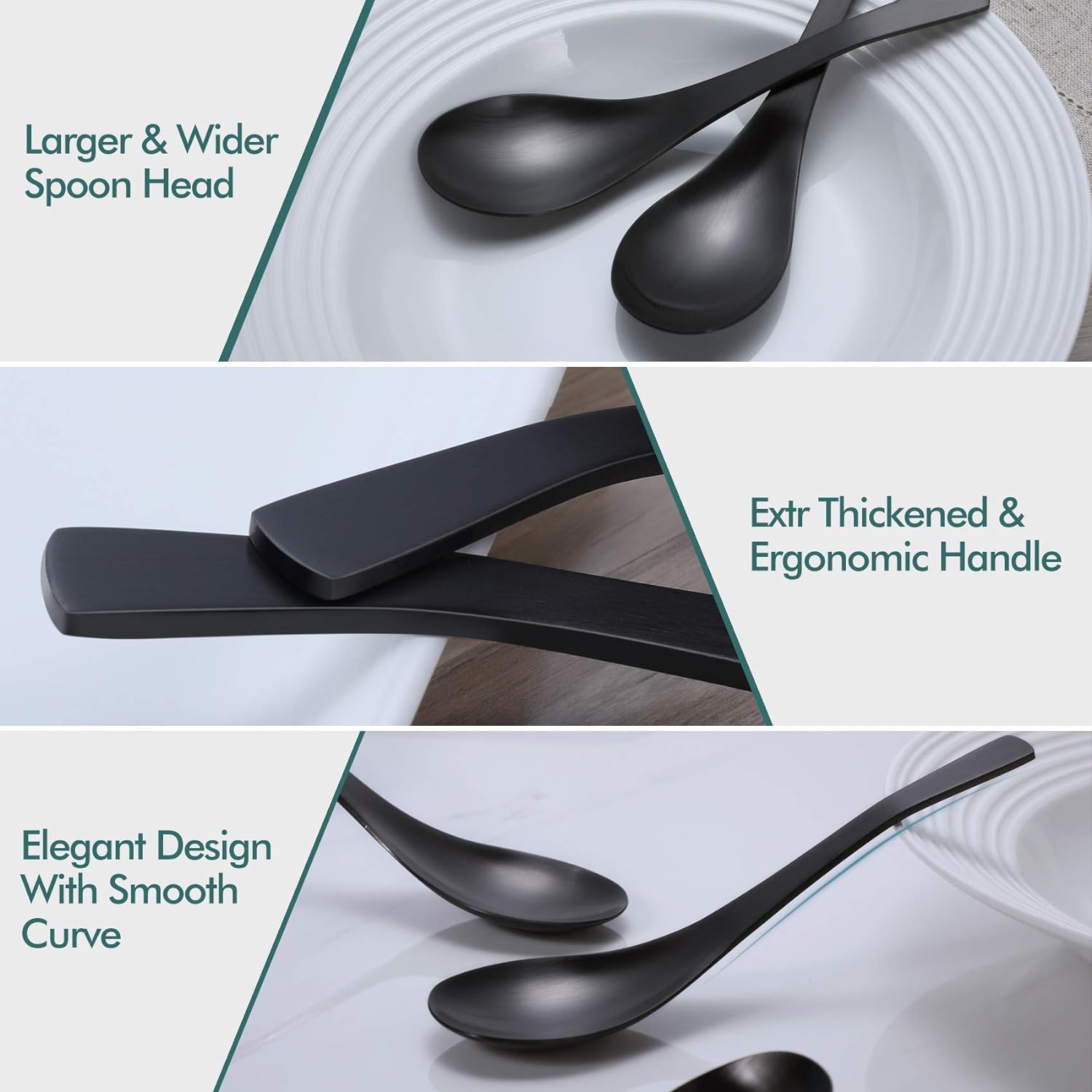 HIWARE Matte Black Thick Heavy-Weight Soup Spoons  Stainless Steel Soup Spoons  Table Spoons  Set of 6