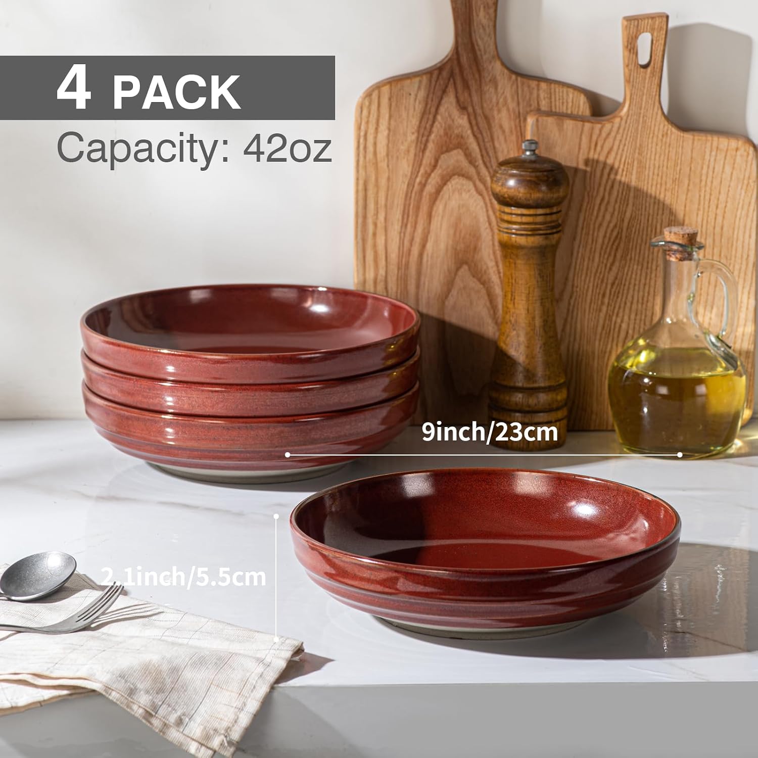 HAPPY KIT 9'' Pasta Bowls  42oz Pasta Bowls Set of 4  Large Salad Bowl  Ceramic Serving Bowls Double Reactive Glaze  Ideal for Housewarming  Festivals  Microwave Safe (Dark Ruby)