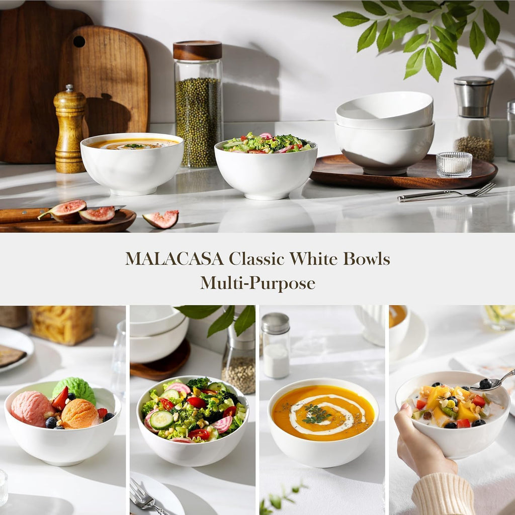 MALACASA 26 Oz Porcelain Soup Bowls Set of 4  White Ceramic Bowls for Kitchen  Cereal Bowl for Oatmeal  Fruit  Salad  Ramen and Rice Bowl -Dishwasher & Microwave Safe Bowls