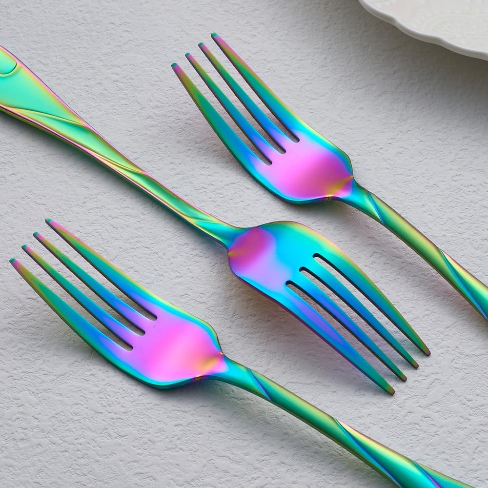 Rainbow Salad Fork Set  6.9-inch Stainless Steel Dessert Forks  6-Piece Shiny Metal Small Cake Fork  Iridescent Silverware Set  Dishwasher Safe